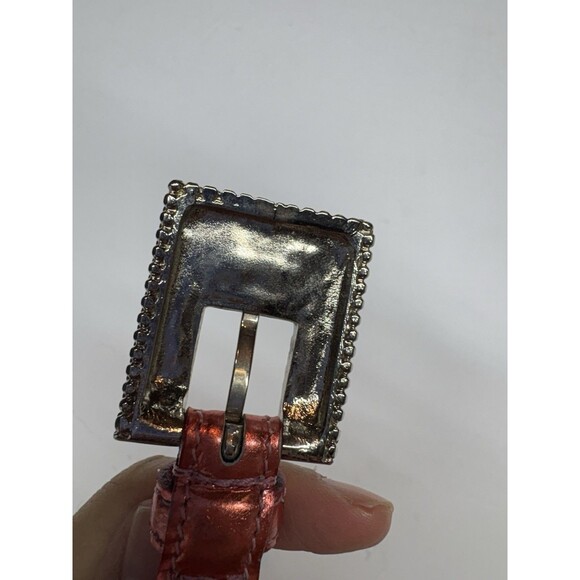VTG NANNI Italy Metallic Salmon Pink Skinny Leather Belt Crystal Buckle Sz 80/32 main image 6